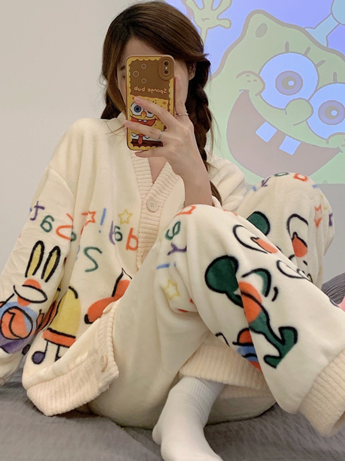 AUTUMN AND WINTER PAJAMAS WOMENS THICKENED FLEECE CORAL VELVET LONG SLEEVE CUTE PRINCESS STYLE CARDIGAN FLANNEL WARM LOUNGEWEAR