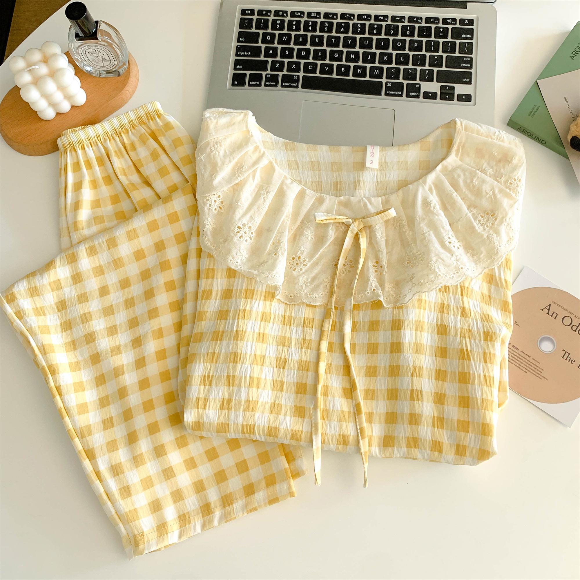 甜美黄色格子长袖云朵棉睡衣套装