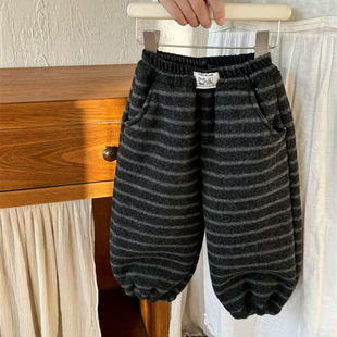 莱抱抱2025韩系新款女童深灰色条纹裤加绒加厚束脚裤条纹灯笼裤