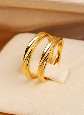 古法仿真黄金色沙金情侣对戒轻奢简约开口指环可调节戒指结婚首饰