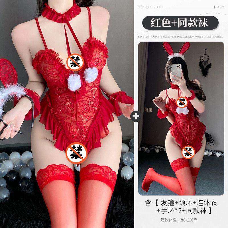 2025新款兔女郎性感蕾丝连体衣纯欲睡衣女情侣套装薄款胖M大码V领