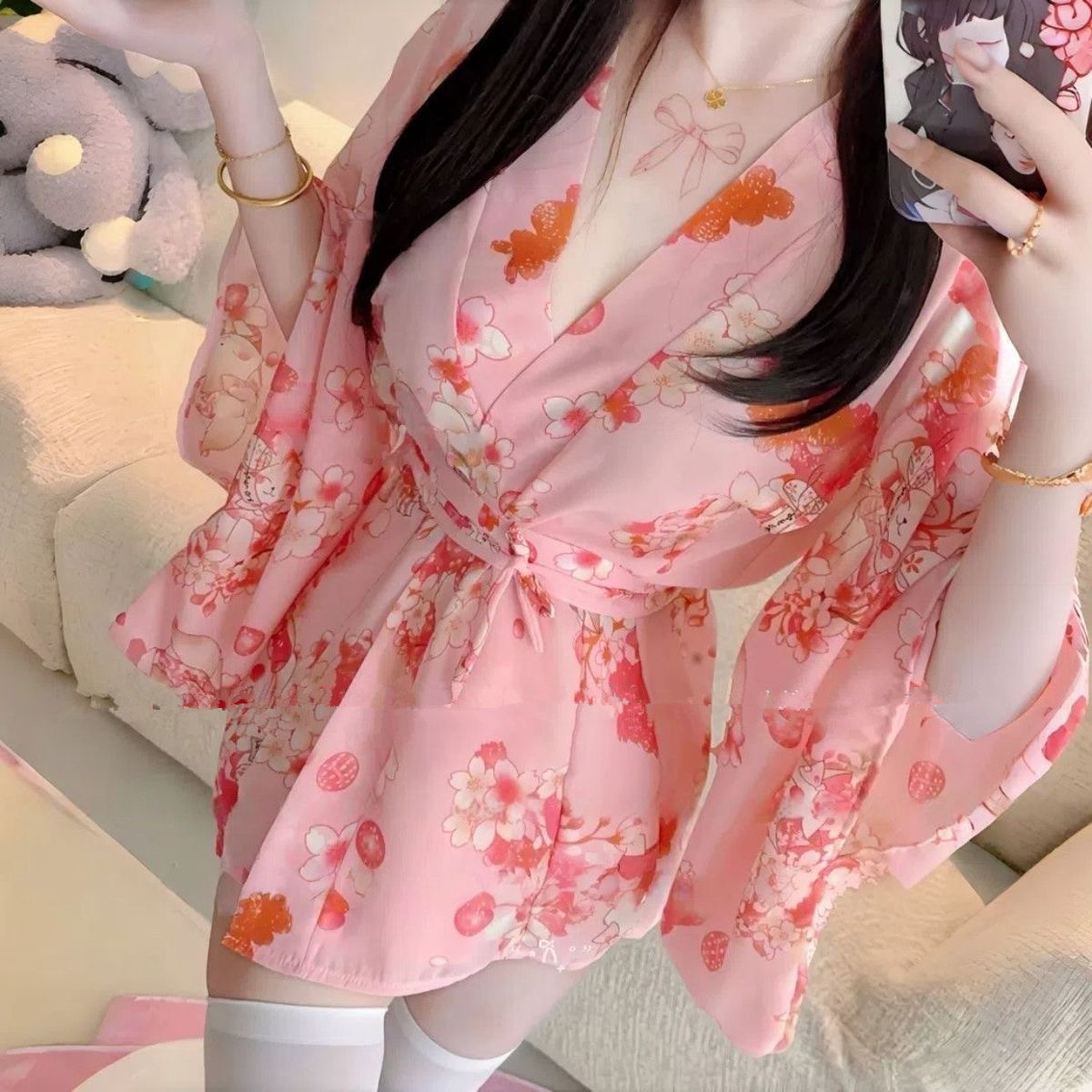 日系诱惑甜美风V领印花浴衣夏季系带居家睡袍纯欲性感主播睡衣