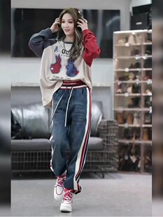 女拼色T恤卫裤 休闲套装 两件套潮24 300斤胖MM时尚 欧洲站运动风大码