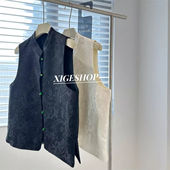 休闲女中国风珍珠扣宽松马甲外套潮24 提花立领夏季 胖MM大码 新中式