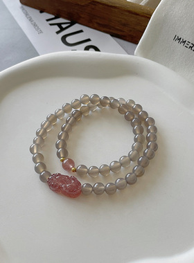 【粉墨登场】玛瑙草莓晶貔貅手链