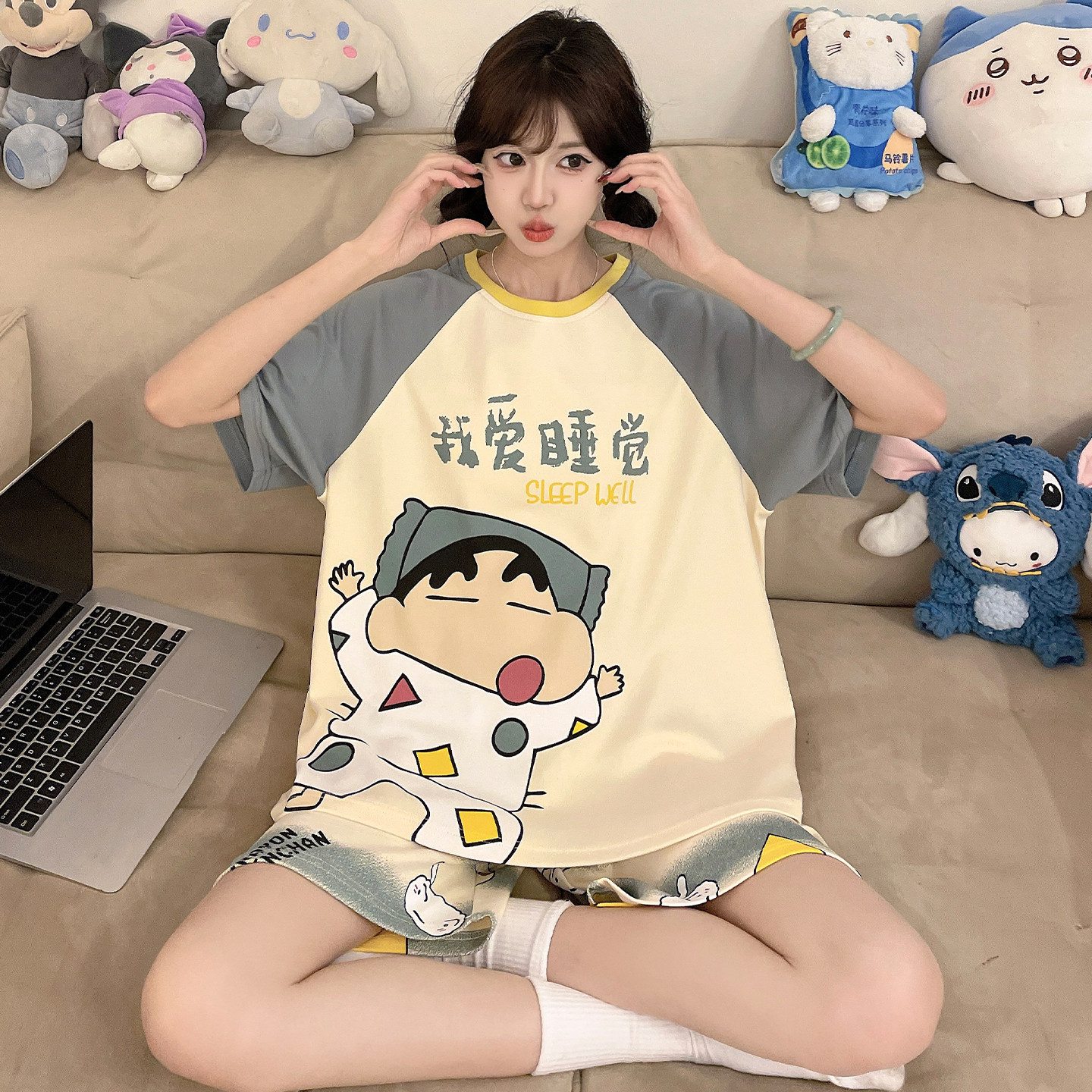 纯棉睡衣女孩可爱卡通短裤夏季短袖初中学生大童青少年家居服套装