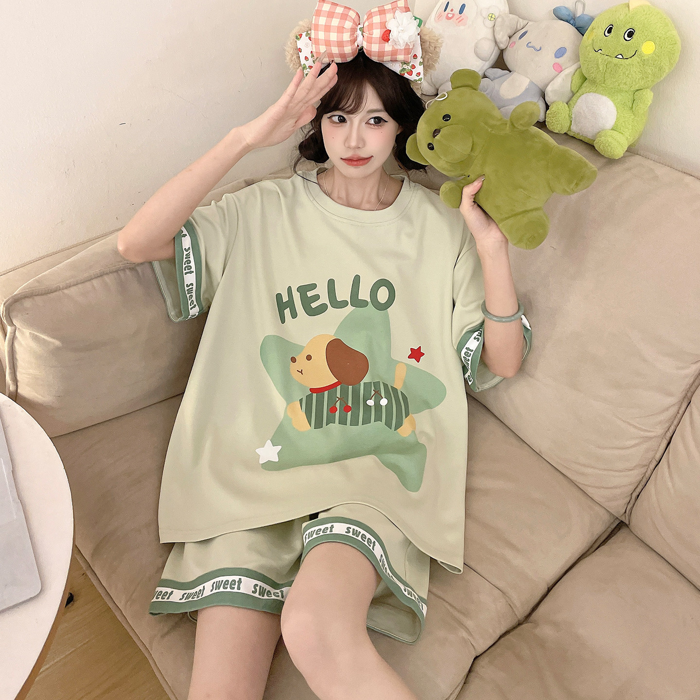 夏季青少年睡衣女孩可爱卡通短裤短袖初中学生大童纯棉套装家居服