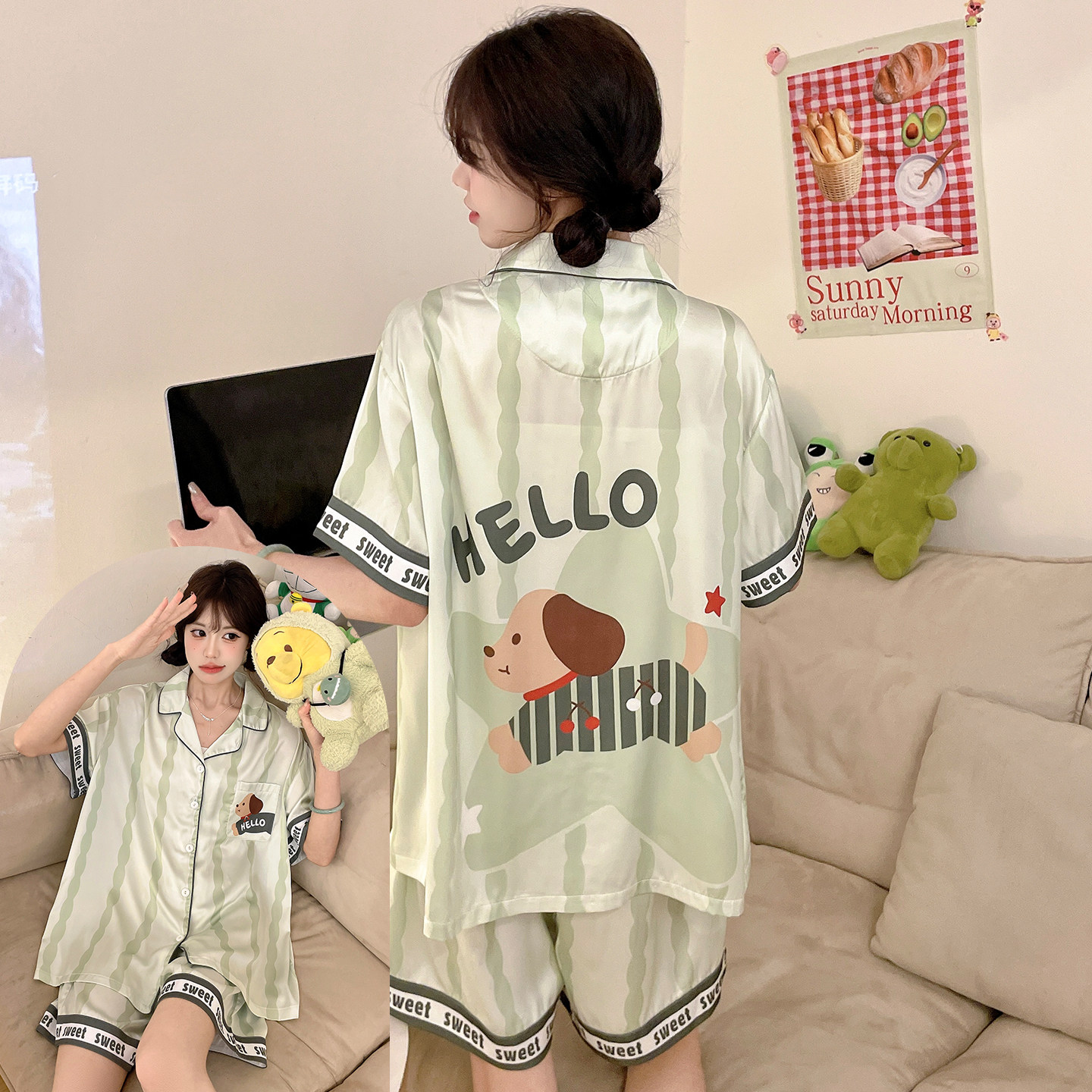 睡衣女孩夏天冰丝薄款凉感短袖青少年初中卡通可爱动漫家居服套装