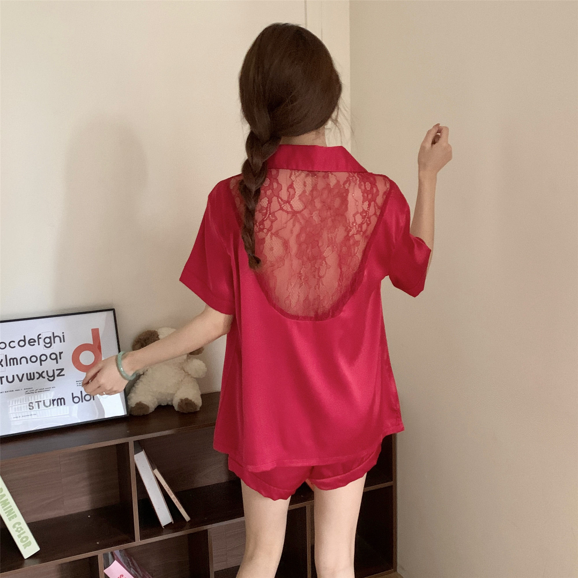大红睡衣女生春夏季冰丝薄款妈妈夏天短袖卡通可爱凉感家居服套装