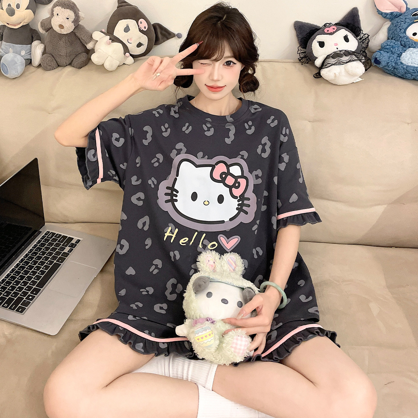 青少年纯棉睡衣女孩可爱卡通短裤夏季短袖初中学生大童家居服套装