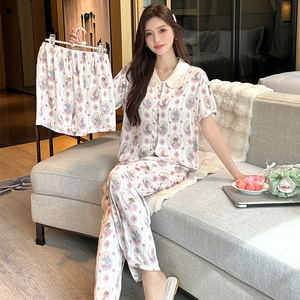 睡衣女生春秋季冰丝薄款新款夏天短袖凉感卡通可爱家居服三件套装