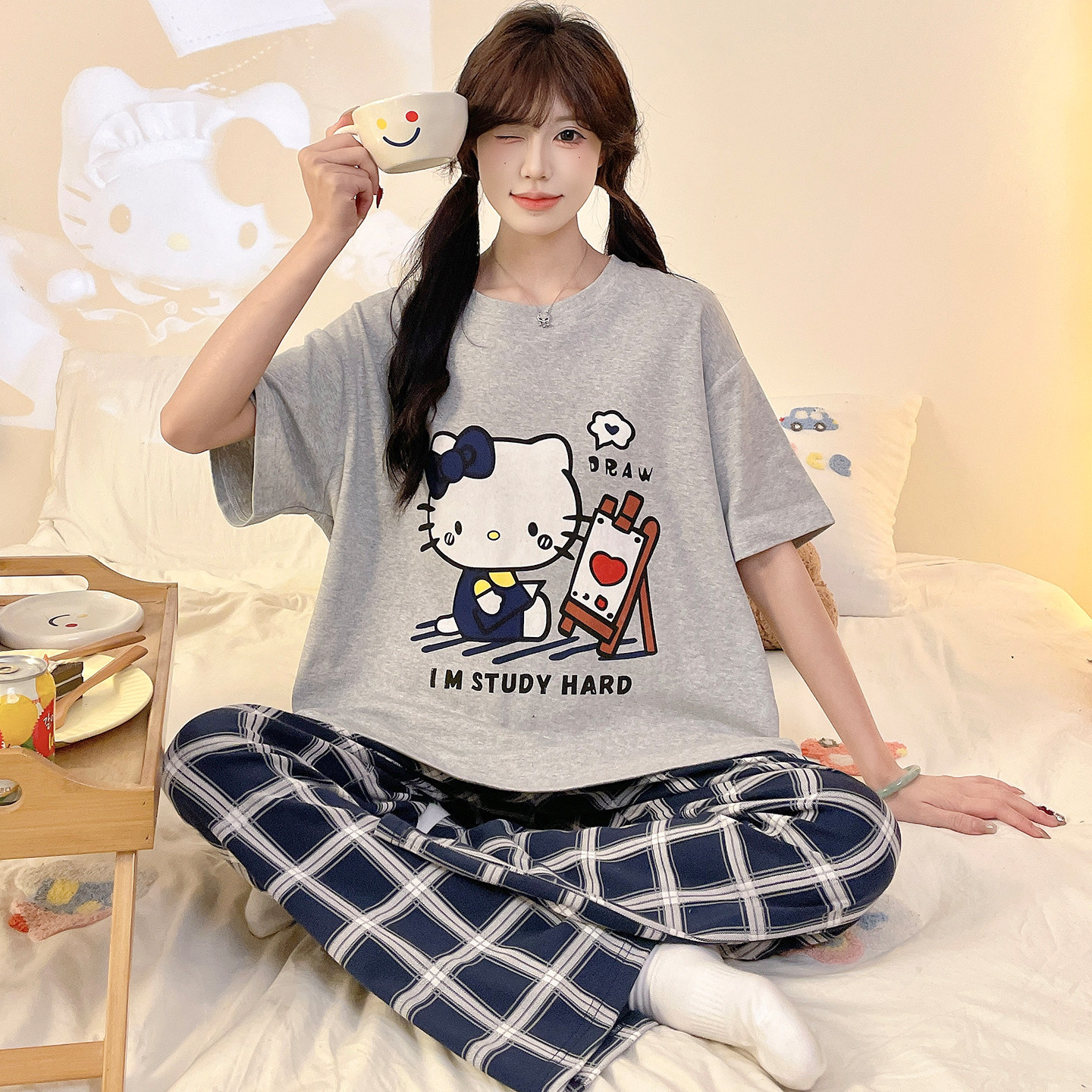 青少年纯棉睡衣女孩卡通可爱长裤夏季初中学生大童短袖家居服套装