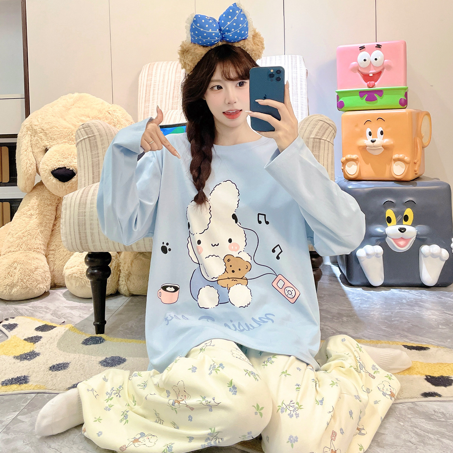 青少年睡衣女孩长袖纯棉卡通甜美圆领春秋大童初中学生套装家居服