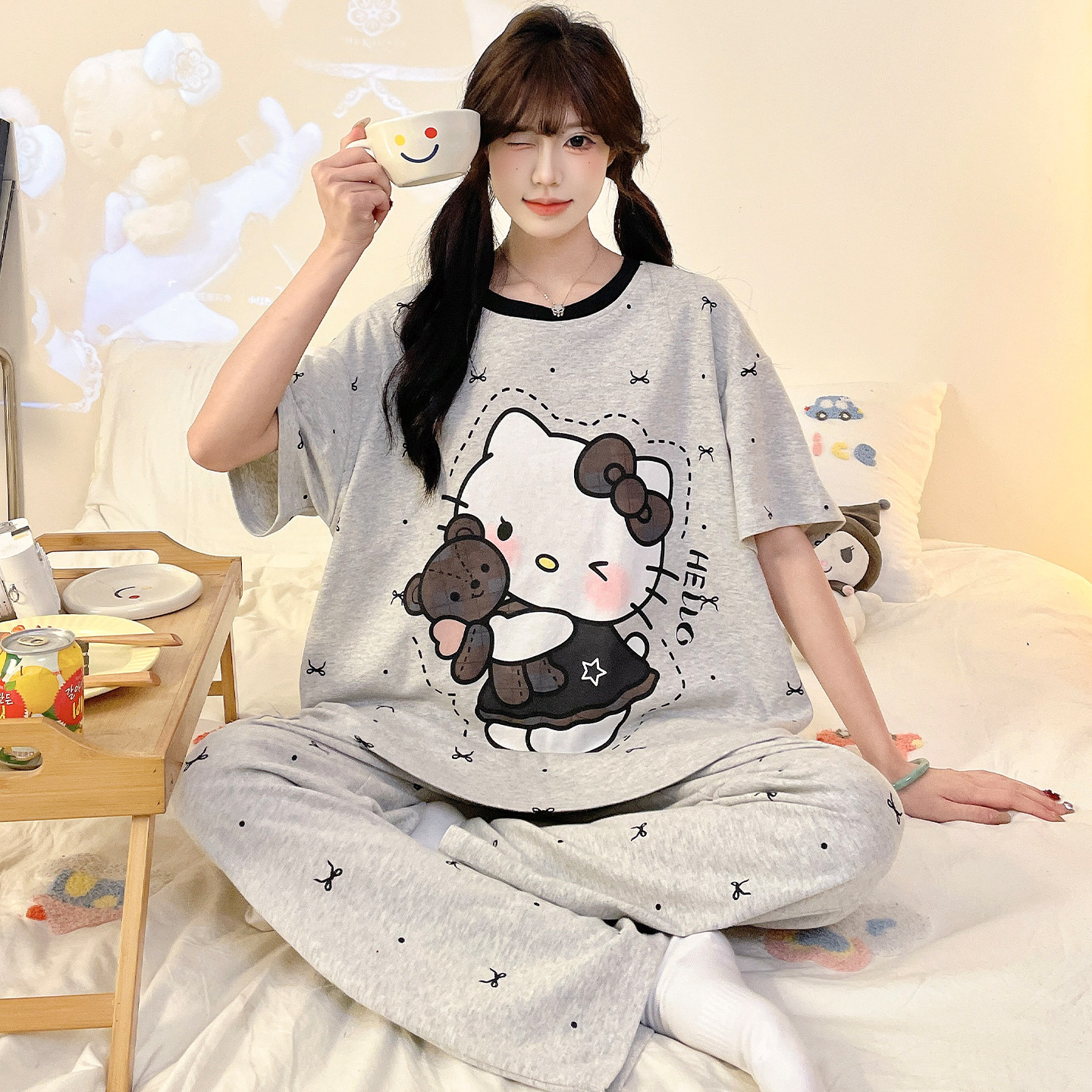 纯棉睡衣女孩青少年卡通可爱长裤夏季初中学生大童短袖家居服套装