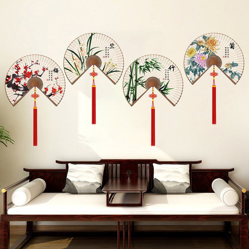 中国风客厅沙发背景墙装饰贴画餐厅布置墙贴纸墙纸自粘红画扇挂饰