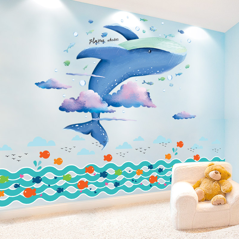 卡通海洋鱼墙贴纸幼儿园卧室墙面装饰海豚贴画防水游泳馆双面贴图片