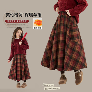 女童半身裙冬装儿童加厚冬季2025新款裙子女大童长裙百褶格子女孩