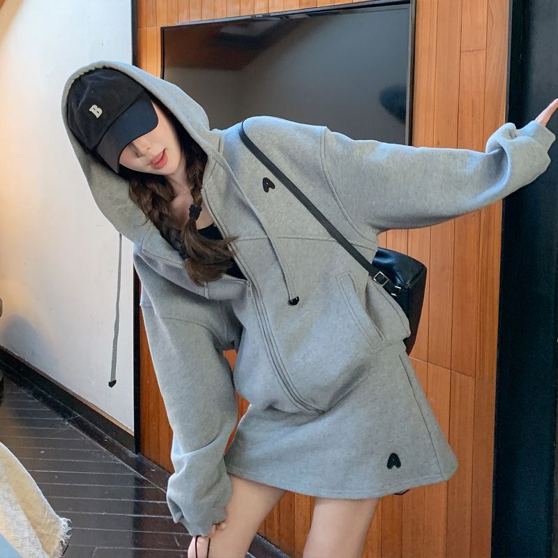 胖mm特大码300斤灰色休闲连帽卫衣套装女春季新款减龄短裙两件套2图片