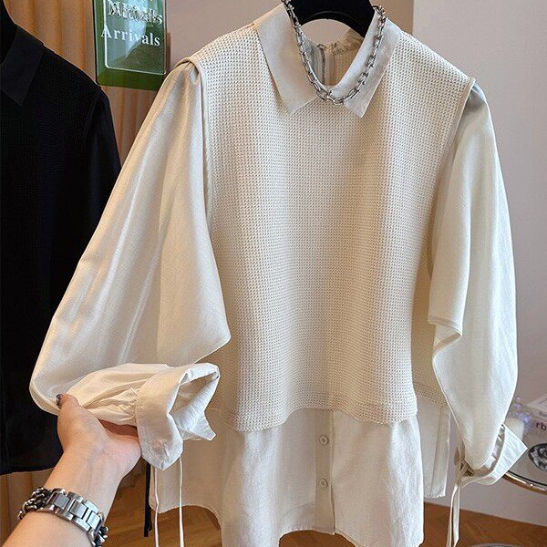 胖mm大码300斤春季宽松遮肚假两件女显瘦毛衣针织长袖衬衫上衣潮2