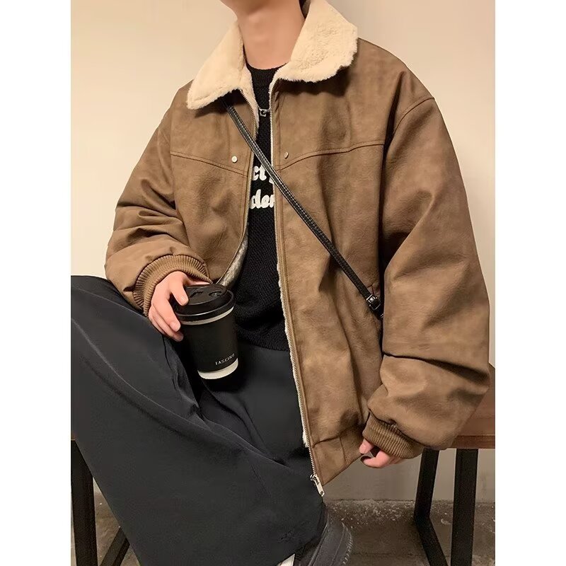 加厚棉衣新款PU皮外套男内里复古