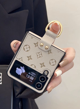 适用 三星zflip4手机壳创意指环扣高档皮纹zflip3情侣高级硬壳卡通潮牌zflip5全包ins防摔简约超薄支架保护壳