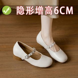 软皮粗跟内增高一脚蹬舒适浅口玛丽珍女鞋 百丽纯爱真皮中跟女单鞋
