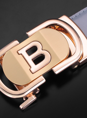 B字母皮带男士青少年潮流腰带韩版光面灰蓝色时尚真皮自动扣裤带