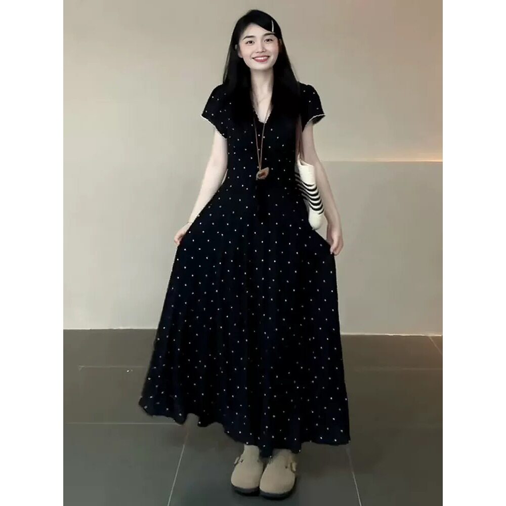 实拍~2026春季款法式墨点星芒连衣裙碎花常规显瘦小众黑色长裙