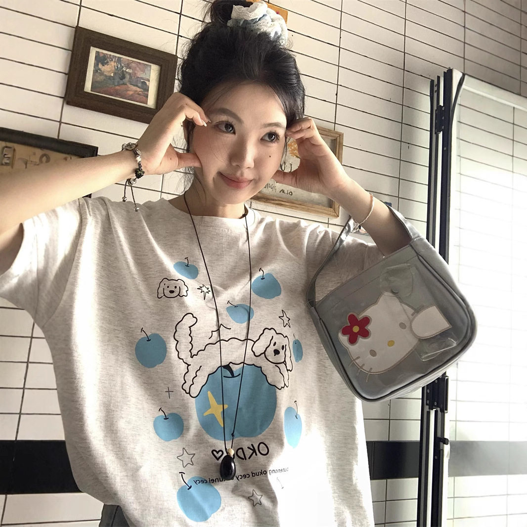 现货实拍~2026夏日新款韩系苹果小狗印花短袖T恤女宽松慵懒风上衣