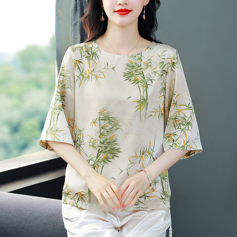 2025夏季新款中年妈妈洋气真丝上衣女装高端酸酸缎面圆领短袖T恤