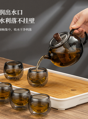 烟灰色耐高温高硼硅玻璃双层杯 玻璃小茶杯 防烫双层功夫茶杯茶壶