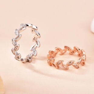 7度银饰日韩简约S925纯银树叶戒指 经典时尚个性满钻叶子戒指手饰