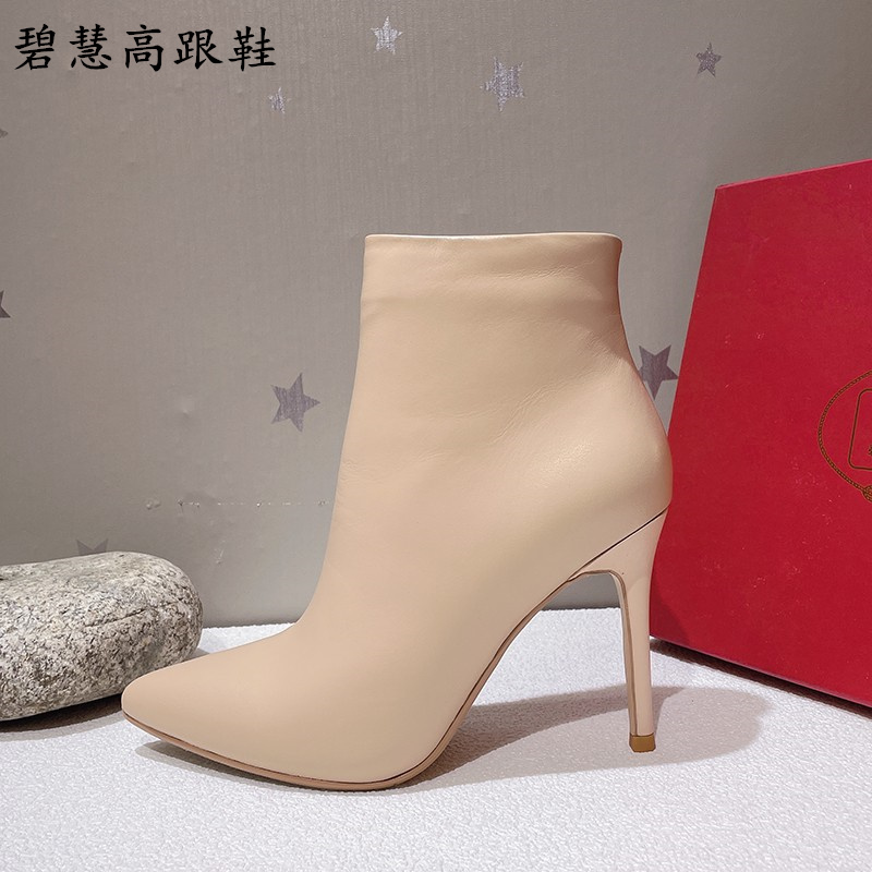裸色牛皮尖头高跟短靴真皮女靴