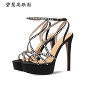 水钻一字带13CM恨天高女鞋 2025夏季 防水台细跟走秀高跟鞋 凉鞋 新款
