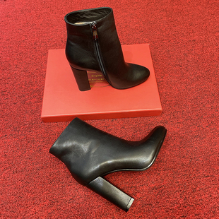 2025秋冬新品 裸靴黑色牛皮粗跟圆头10CM内防水台高跟短靴真皮女靴