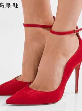 红色尖头细跟一字带高跟鞋波浪口浅口女鞋低帮鞋婚鞋伴娘鞋单鞋