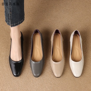 单鞋 极简百搭3.5CM粗跟方头软羊皮浅口女鞋 职业女鞋 面试鞋 工作鞋
