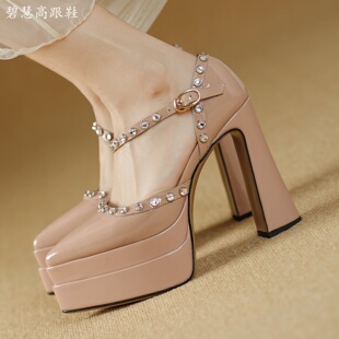 欧美风格明星同款12.5CM粗跟防水台尖头铆钉高跟鞋模特走秀鞋女鞋