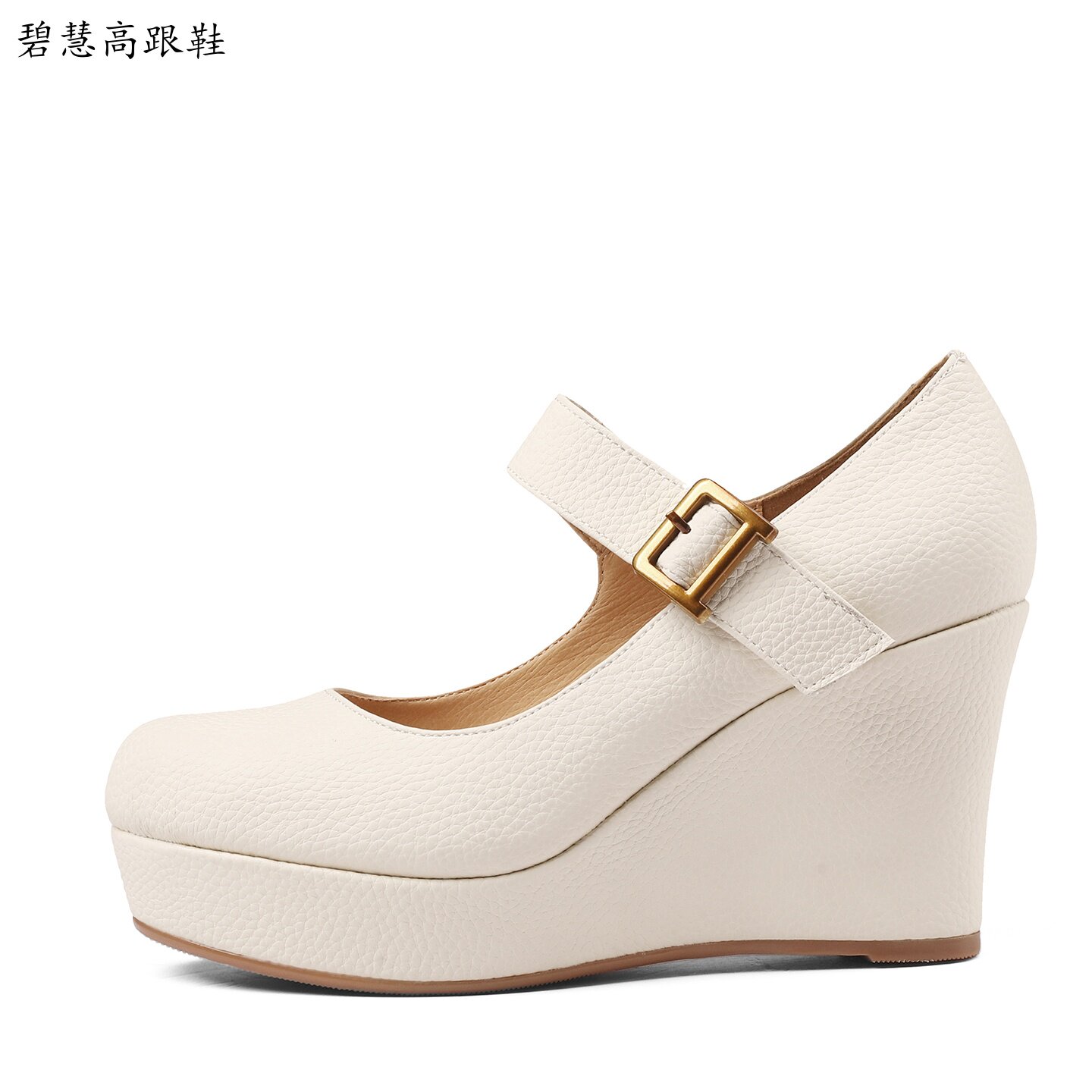 2026新品10CM圆头坡跟防水台一字带高跟鞋小个子舒适不累脚女单鞋