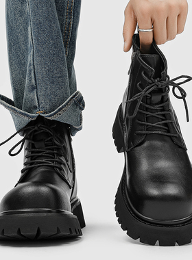 侧拉链马丁靴男款英伦风真皮黑色工装机车靴男冬季增高中帮短靴子