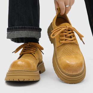 头层猪皮男鞋2025新款冬季真皮透气镂空大头皮鞋男款低帮工装鞋男