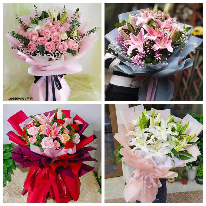 送昆明市禄劝县寻甸县安宁市鲜花店同城配送老婆香水百合玫瑰花束