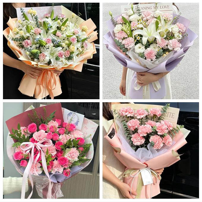 送济南市历下区市中区槐荫区同城鲜花店送长辈康乃馨百合生日花束