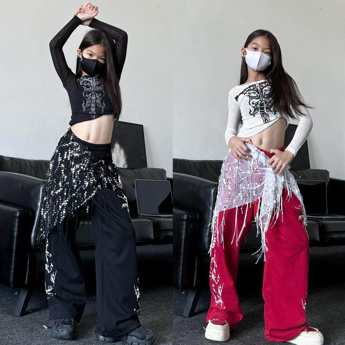 潮酷女童透明长袖上衣宽松束脚卫裤套装少儿爵士舞女团演出服