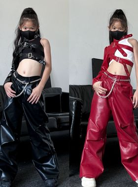 潮酷女童皮罩衣皮裤套装少儿红色新年元旦女团爵士舞表演出服童装