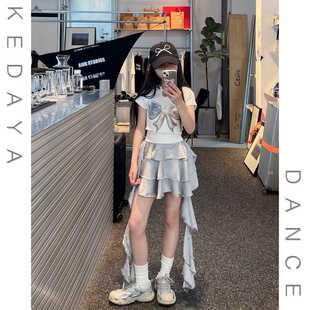 甜酷女童夏季新款童装蝴蝶结T恤不规则荷叶边裙子两件套女团套装