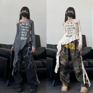 2025春秋新款女童荷叶边斜肩T恤帅气长裤子少儿爵士舞演出服套装