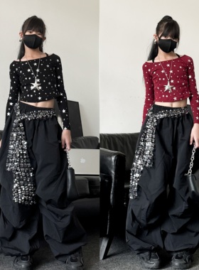 秋季新款童装潮酷女童修身露脐长袖腰封裤子少儿爵士舞女团套装