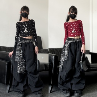 秋季新款童装潮酷女童修身露脐长袖腰封裤子少儿爵士舞女团套装