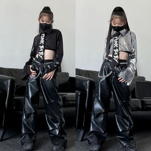 少儿欧美风女团jazz表演出服套装 皮长裤 女童露脐衬衫 爵士舞服装